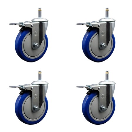 Service Caster 5'' Blue Polyurethane Swivel 7/16'' Stem Caster Set with Total Lock Brake, 4PK SCC-GRTTL20S514-PPUB-BLUE-716138-4